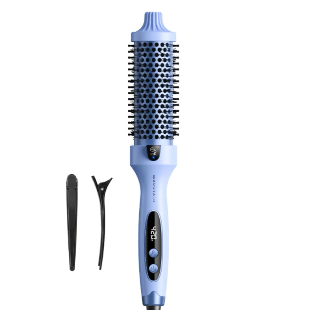 Wavytalk Thermal Brush Blowout Boost 1.5″ Heat Round Brush for Blowout Look | Negative Ion Technology, Tourmaline Ceramic, 5 Temperature Settings Dual Voltage, Less Damage, Blue