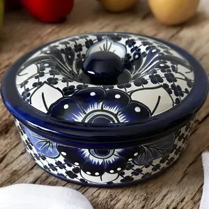 Blue & White Talavera Tortilla Warmer - Hand-Painted Ceramic Tortilla Storage Bin, 9” Long, Microwave & Dishwasher Safe