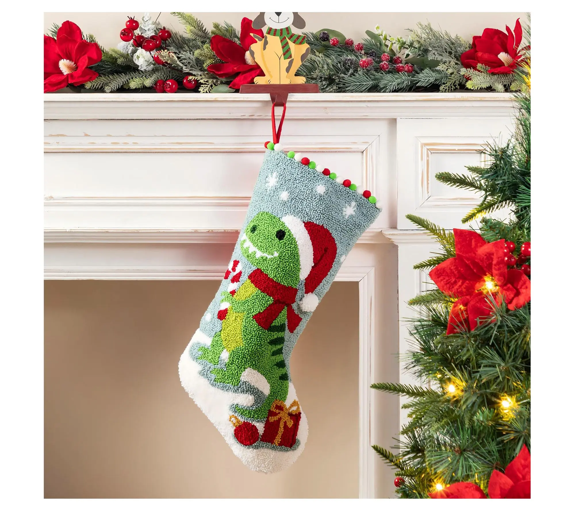 Glitzhome 21"L Hooked Dinosaur Christmas Stocking Glitzhome 21"L Hooked Dinosaur Christmas Stocking