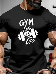 Men's Summer Short Sleeve Casual T-Shirt, Round Neck Muscle Fitness Top, Dumbbell Gym Print, Multi-Functional Comfort Fit