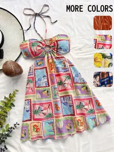 Women's Boho Vacation   printed pattern Sexy Halter Drawstring Adjustable Hollow Waist Dress, Suitable For Beach, Music Festival, Hippie, Party, Date, Afternoon Tea