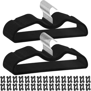 Pants Hangers Non Slip, 30 Pack  Hangers for Closet with 30 Hooks,  Durable Slimline Space Saving Pants Hanger, Space Saving Flocked Hangaers for Pants, Shirts, Bra, Shorts (Black-M-shape)