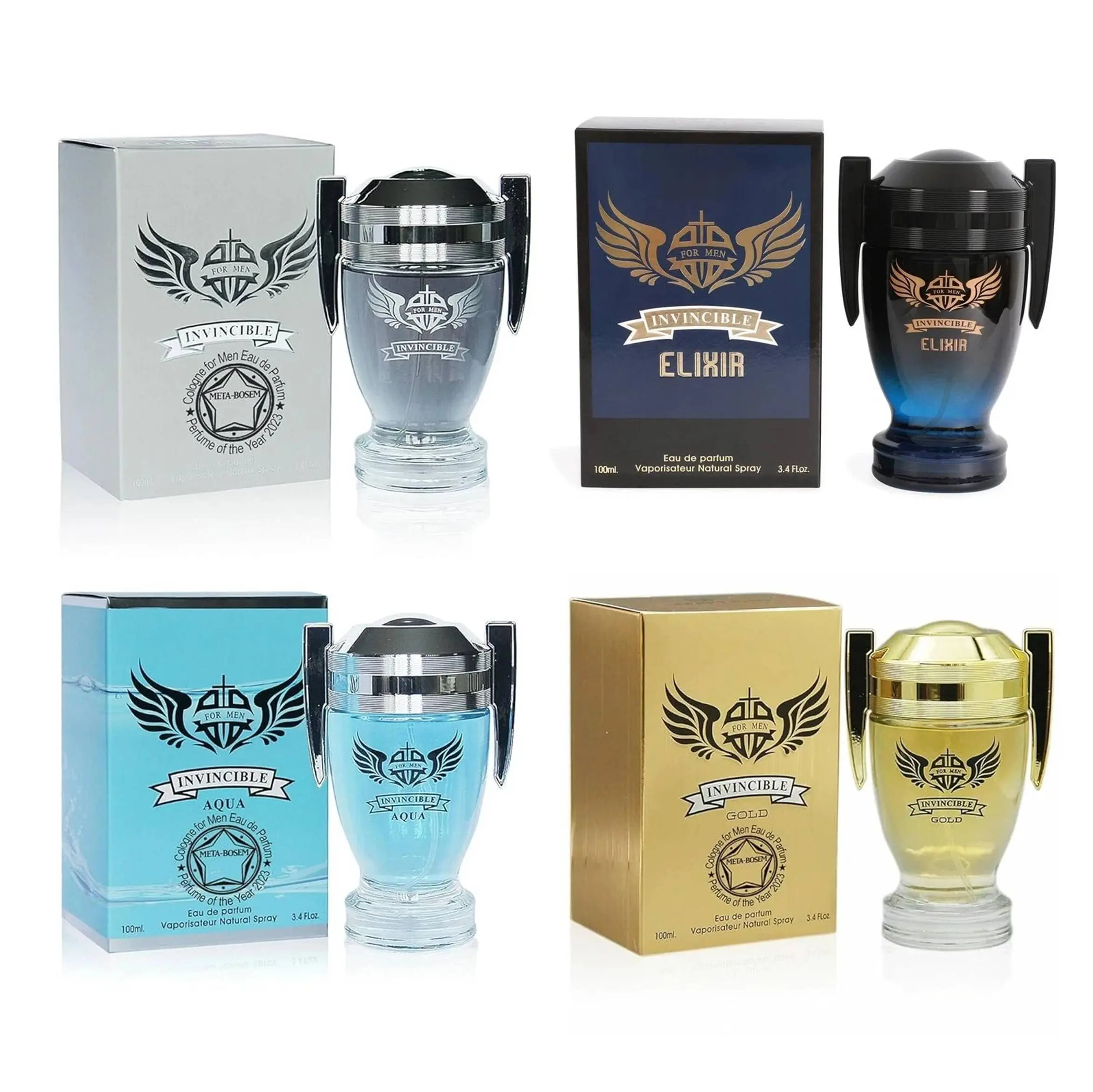 Men's 4-Pack INVINCIBLE Classic EDP Spray Variety Set - 4 Premium Masculine Fragrant Bottled Scents (Black, Classic, Gold, Aqua), 3.4 fl oz Each, 13.60 fl oz Total, Man Gift Set