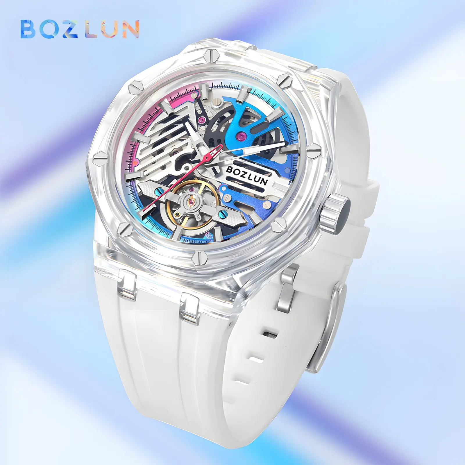 BOZLUN Round Hollow Automatic Mechanical Casual Watch - Modern Fashionable Colorful Transparent Waterproof Luminous Wristwatch, Ideal Birthday Gift for Couples, Modern Fashionable Wristwatch