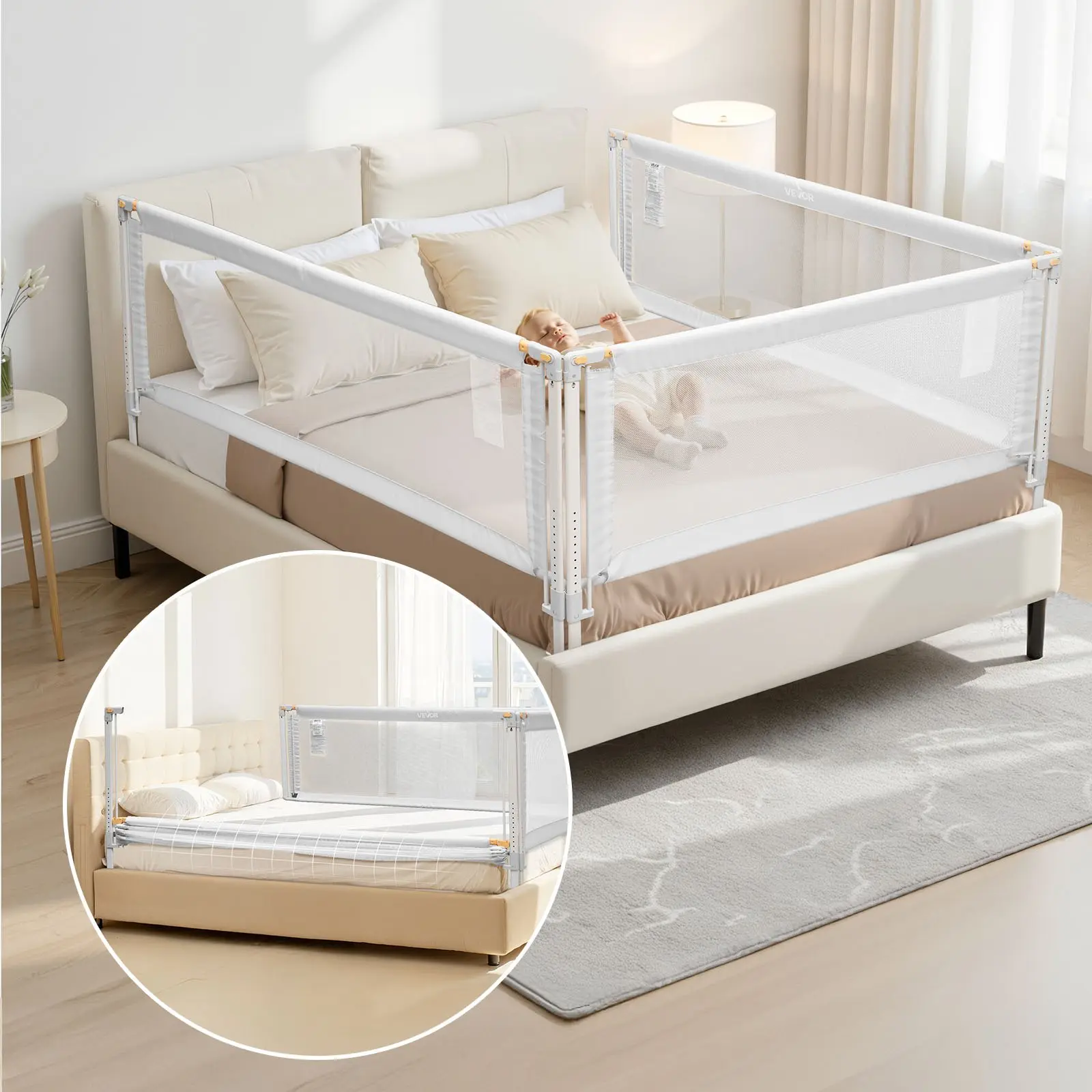 【Father's Day Gift】VEVOR Kids' 3-Piece Safety Bed Rails, Reinforced 0.8 mm Iron Pipe & 0.03 in Thick Oxford Cloth, Adjustable Height/Size (1.97-10.6x3 in Range), Child Lock, Portable 3-Side Bumper for King Beds, Minimalist Nursery Restraint System, Safety