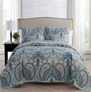 Lawrence 3-Piece Blue Damask Quilt Set, King, Adult, Unisex, Includes Quilt, Pillow, and Table Runner