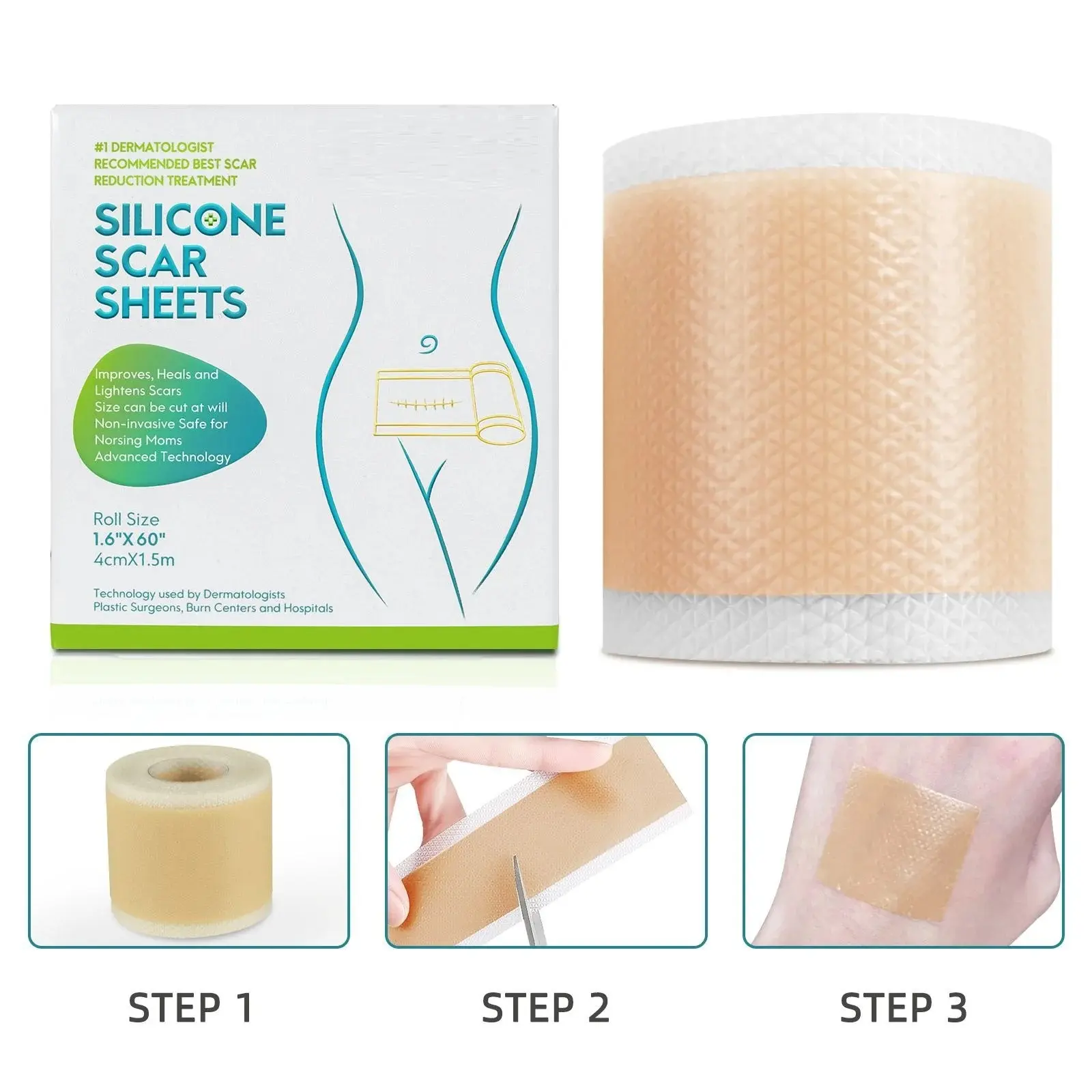 Professional Silicone Scar Sheets, Silicone Scar Tape (Size: 1.6 Inches × 60 Inches), Scar Removal Strips for Acne Marks, C-Section Scars, Keloids and Post-Surgical Scars