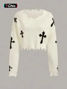 Women's Cross Print Ripped Drop Shoulder Crop Sweater, Street Fashion Chic Style Long Sleeve V Neck Jumper for Daily Outdoor Wear, Ladies Stretchy Knitwear for Spring & Fall Clothes, Casual Sweater for Women, Trending Clothing Women