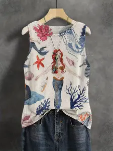 Women's Spring Summer Elegant Cartoon Mermaid Animal Shell Seaweed Print Round Neck Sweater Vest, Casual Sleeveless Knit Top, Breathable Fashion