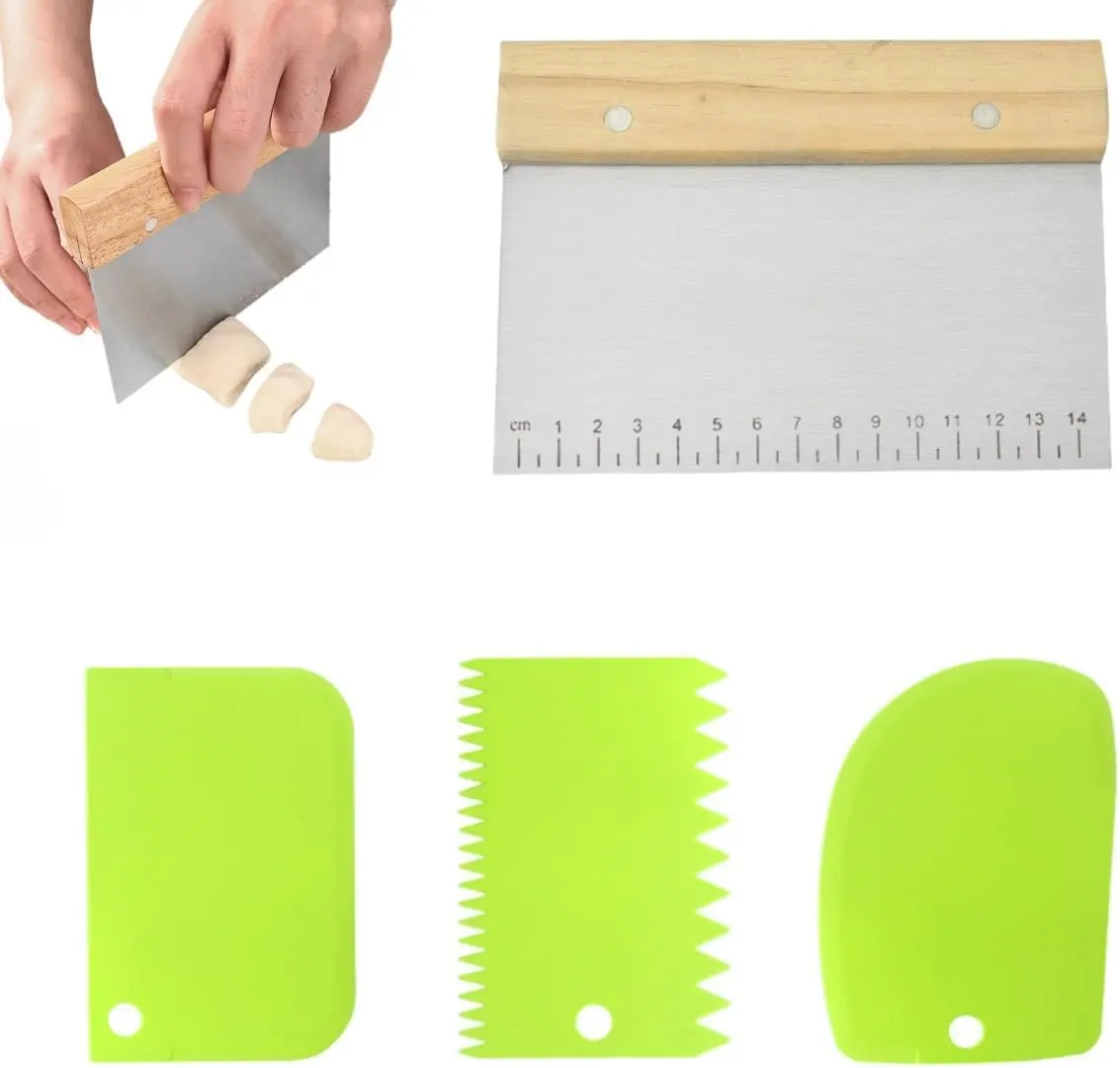 4 PCS Durable Bench Scraper Set with Scale Dough Scraper Pastry Cutter Green Food Chopper Baking Supplies Kitchen Gadgets