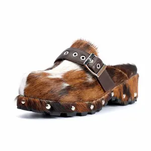 Handmade Platform Studded Clog Slippers with Natural Cow Fur, Brown & White Color