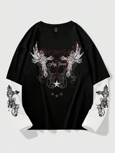 Men's Gothic Cross Patchwork Graphic Short Jacket, Loose-Fit Street Style, All-Season Casual Wear, Unisex Young College Fashion Tees