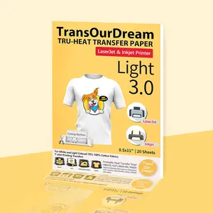 TransOurDream Tru-Heat Transfer Paper for Inkjet & Laserjet Printer (20 Sheets 8.5x11, 3.0) Printable HTV Heat Transfer Vinyl for T Shirts Iron on Transfers for Light Fabrics (TRANS-L3-1-20)