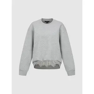 URBAN REVIVO 2026 Spring New Lady's Loose Cotton Stretch Longsleeve Sweatshirt, Casual Street Round Neck Patchwork Lace Trim Top, Multi Sizes, 1-Piece UWJ460010