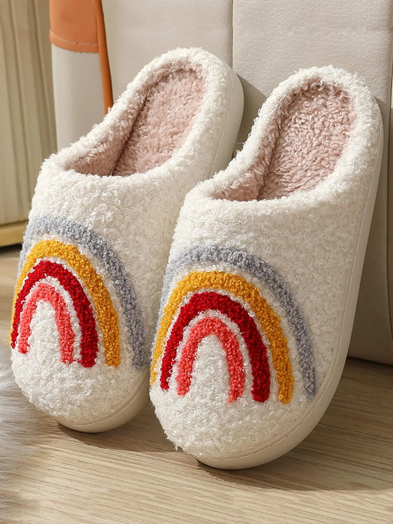 LGBT Women's Rainbow Stripe Design Plush Slippers, Bedroom Warm Fun Indoor Slippers Shoes, Anti-slip Home Flat Slippers, Shoes for Women
