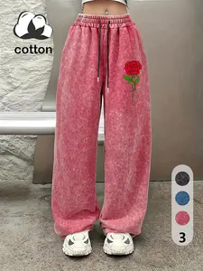 Women's Y2K Style Drawstring Waist Wide Leg Pants, Loose Casual Sports Pants, Washed Vintage Look Rose Pattern, Autumn and Winter Fashion Long Sweatpants
