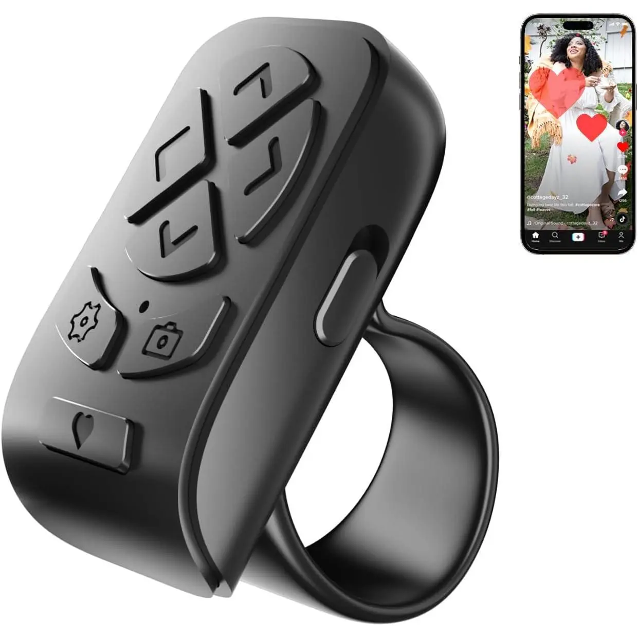 Scrolling Ring Remote for TikTok YouTube Instagram Shorts Video, Scroller Page Turner Clicker for Kindle APP Compatible with iPhone iPad Android Phone, Remote Shutter Control for Phone Camera, Holder, Port, Recording