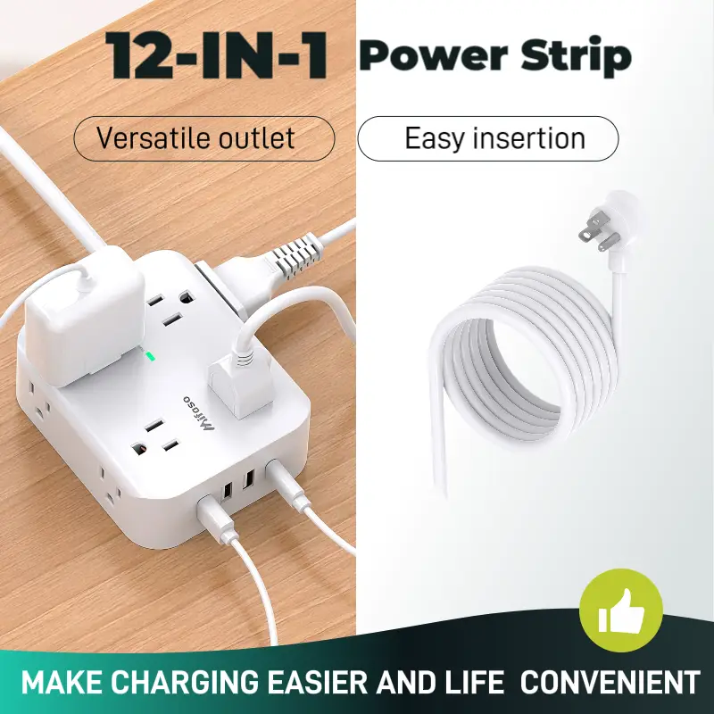 Fathersdaygift MIFASO 12-in-1 Power Strip with 8 AC Outlets, 4 USB Ports (1 USB-C), Surge and Overload Protection, UL Certified 5FT Cord, Wall Mountab