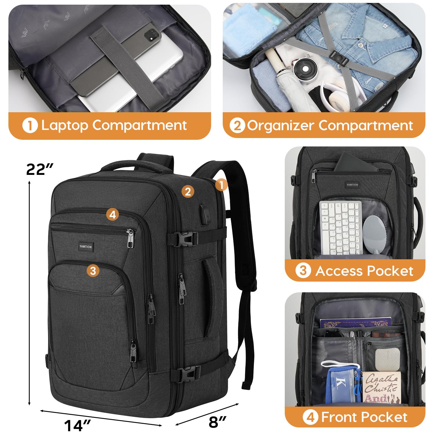 YAMTION 45L Expandable Travel Backpack, TSA Friendly Airline Approved Carry On Backpack with USB Port & Luggage Strap  Water Resistant Business Rucksack with SBS Zippers