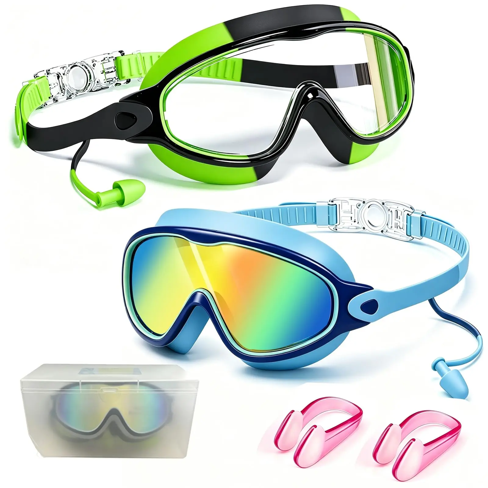 2-Pack Kids Swim Goggles for Ages 3–15, Large-Frame Wide-View Swimming Goggles with Earplugs, Anti-Fog UV Protection for Boys Girls, Pool, Beach & Swim Lessons