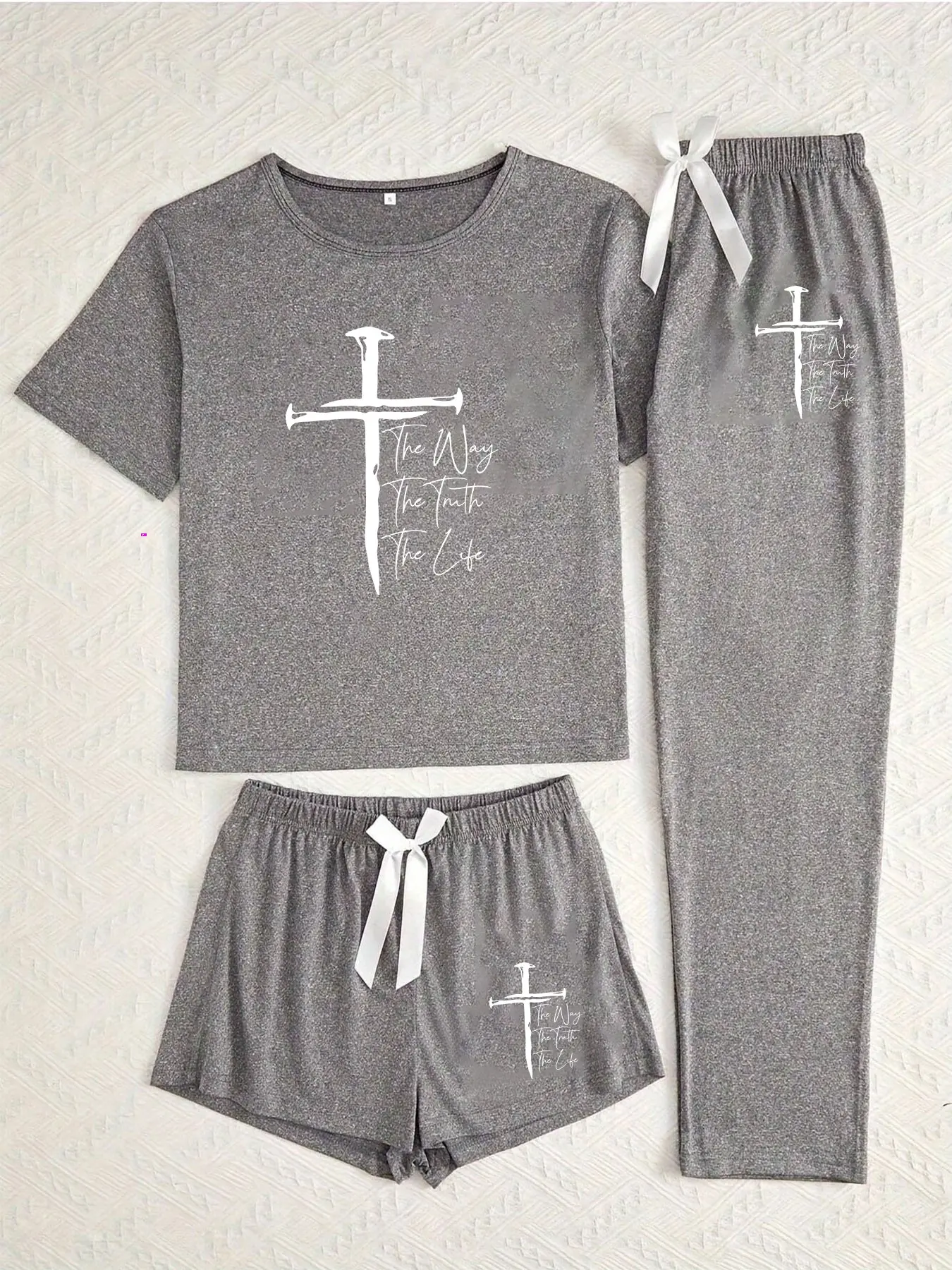 Three-Piece Pajama Set for Women, Loungewear, Lounge Pjs Set, Cross Print Design, Casual Fitted Sleepwear, All-Season Comfortable Nightwear, Random Pattern Style, Summer Loungewear
