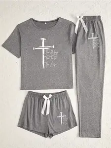 Three-Piece Pajama Set for Women, Loungewear, Cross Print Design, Casual Fitted Sleepwear, All-Season Comfortable Nightwear, Random Pattern Style, Summer Loungewear