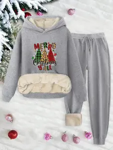 Women's Merry Christmas Hoodie Set, Casual Loose-Fit Thick Fabric, Fall & Winter Two-Piece, Festive Letter Print Design