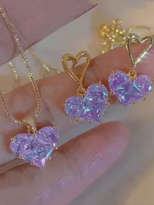 Blue Heart Earrings and Necklace Set, Fashionable Jewelry Set, Sweet Versatile Fresh Jewelry, Elegant Bohemian Style, Everyday and Party Wear