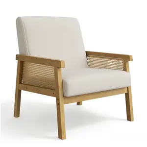 Linen Fabric Accent Chair, Rattan Armchair with Wooden Armrest and Legs, Upholstered Reading Chair Leisure Chairs for Living Room/Bedroom/Reading Room/Waiting Room, Beige