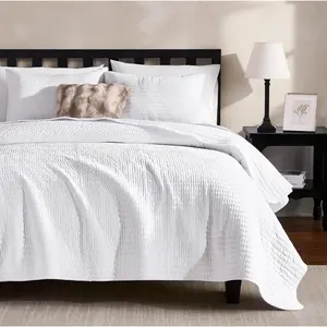 Size Quilt Set - White Striped Pick Stitch Soft Lightweight Bedspread,  Farmhouse Country Rustic Coverlet, Modern Bedding Warm Thin Comforter, 3 count