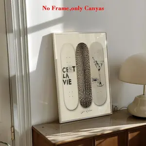 Skateboard Element Wall Art, Leopard Print Skateboard & Martini Glass, C'est La Vie Quote, Modern Home Decor for Bedroom, Entryway, Living Room