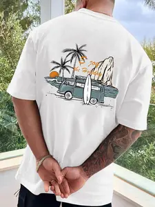 Men's Regular Fit Palm Tree & Bus Print Round Neck Tee, Casual Short Sleeve T-shirt for Summer, Men's Top for Daily Wear, Tropical