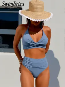 Briza｜Ribbed Halter Wrap Solid Blue Bikini With High Waisted Bikini Sets As A Two-Piece Swimsuit And Swimsuits 2 Piece High Waisted Bathing Suit Women Set With Tummy Control Swimwear For Vacation Swimwear For Women To Feel Confident