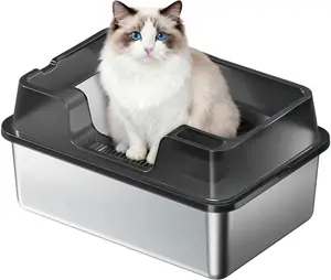 High Sided Stainless Steel Cat Litter Box, Extra Large, Easy Clean, Odor Resistant, Durable, Anti-Spill Tray, Leakproof, Open Top Tray, Removable Enclosure, Non-Stick, Black, 50×35×22CM