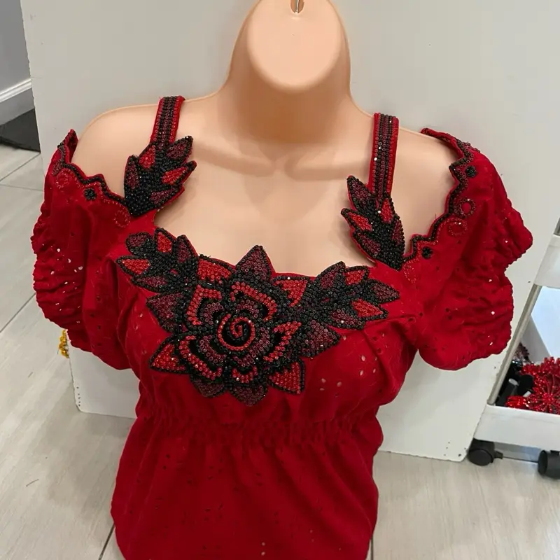 Women's Boho Ditsy Floral Short-Sleeve Top - Artisanal Chic Hand-Embroidered Decorative Accents 1-Size Casual Shirt, All-Season Tops for Party Outfits, Jeans, Shortsleeve, Boho Floral Blouse, One Size