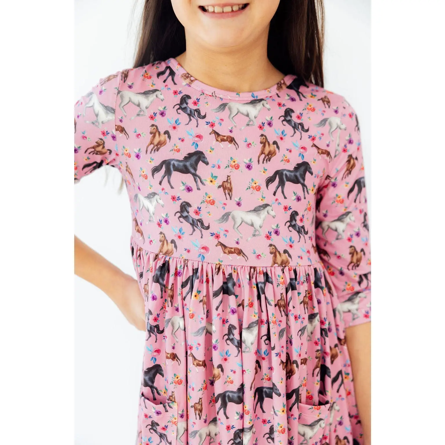 Petals & Ponies 3/4 Sleeve Pocket Twirl Dress
