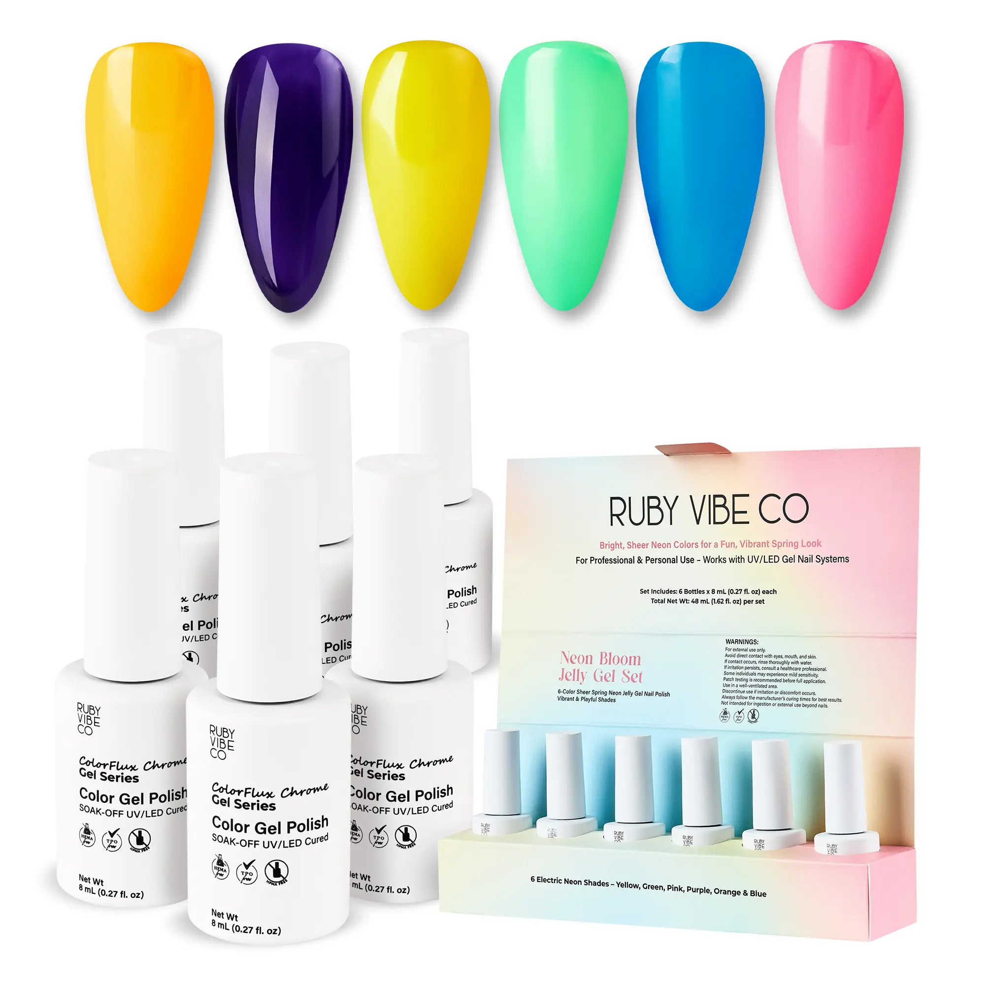 RUBY VIBE CO Neon Bloom Jelly Gel Set, 6 Colors Sheer Neon Jelly Gel Nail Polish, HEMA/TPO/HPMA-Free, Electric Neon Shades, Sheer High-Gloss Finish, Buildable Formula, Salon-Quality Performance, UV/LED Soak Off Nail Polish Kit