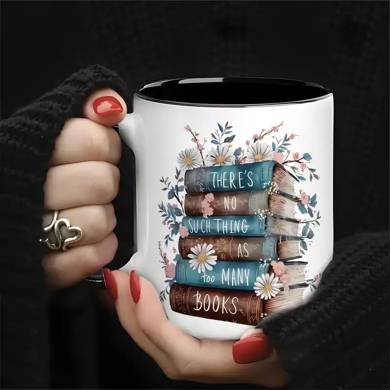 1pc Ceramic Bookworm Mug with "There's No Such Thing as Too Many Books" Quote - Insulated & Tea Cup Suitable for Book Lovers, Librarians, Teachers - Ideal Birthday, Holiday, Easter Gifts for Avid Readers