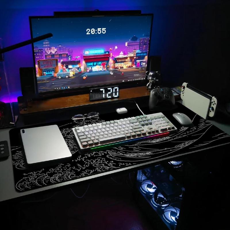 Japanese Sea Wave Gaming Mouse Pad, Anime Gaming Mousepad, Extended Kanagawa Mat Desk Mat, Large Desk pad 31.5x11.8 Inch 3mm Thick Long Non-Slip Rubber Base Mouse Pads (Black)