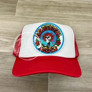 Grateful Dead Skeleton w/Flower Crown on White/Red Meshback Trucker Hat