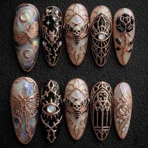 Gothic Press On Nails Rose Gold Moth And Skull Theme Dark Academia Witchy Aesthetic