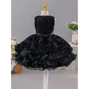 2025 Princess Style Sleeveless Dress for Girls Full Length Shiny Lace 3D Rose Embroidery Multi Layered Pleated Skirt Chic Stylish for Events Celebrations