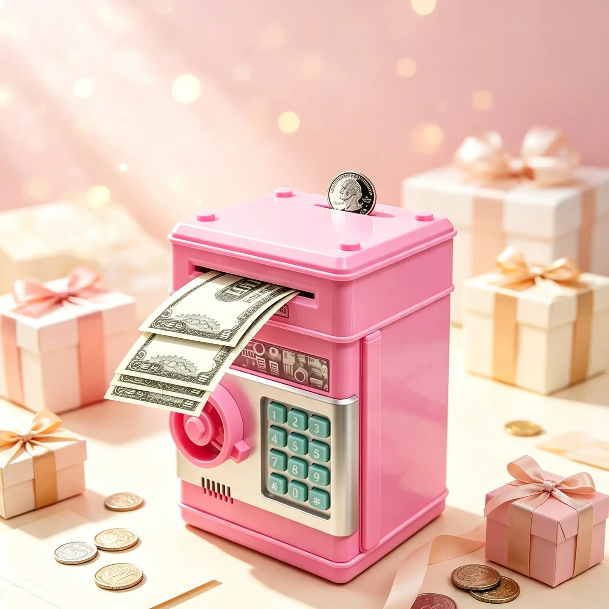 Stylish Mini Electronic Atm Piggy Bank for Kids and Teenagers, Security Code Lock Money  with Automatic Bill Rolling Function, Coin Cash Dual Use Savings Toy, Ideal Gift for Boys Girls Aged 3 to 13 for Birthday and Christmas Holiday.funny decoration