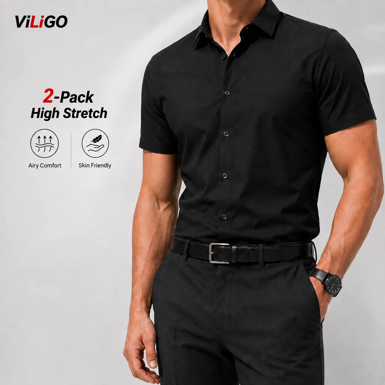VILIGO 2-Pack Men's Stretch Nylon Fabric Short Sleeve Slim Fit Button Down Shirts, Plain Look, All Seasons Business Casual Top, Machine Washable Menswear Gift for Dad Biker Wetsuit