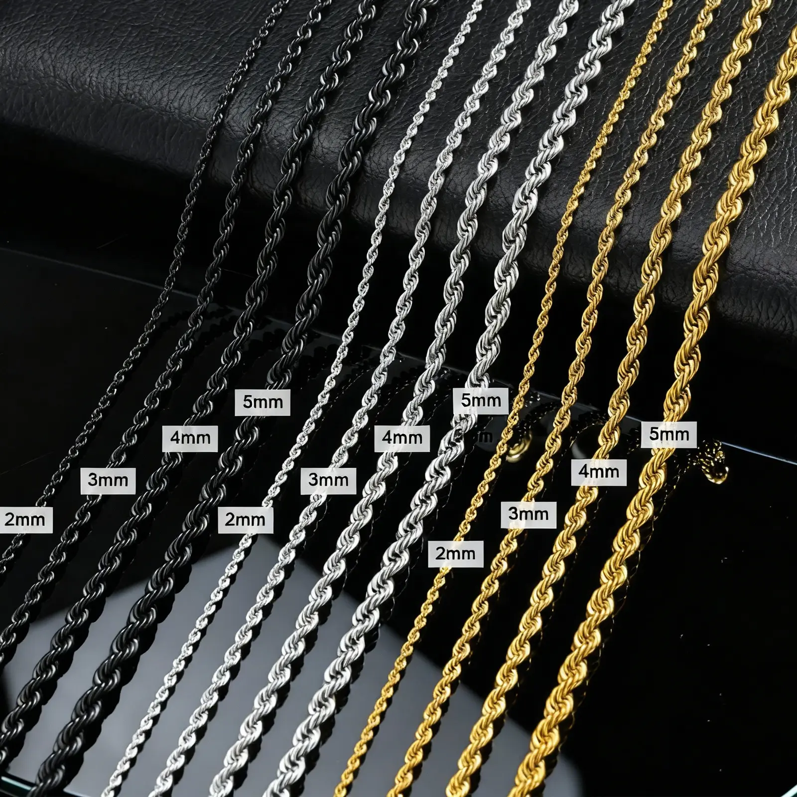 JEWEL-4U - Ropes Long Necklace for Men Women,Stainless Steel Gold Color Twisted Rope Chain Collar,2/3/4/5mm Punk Basic Waterproof Jewelry