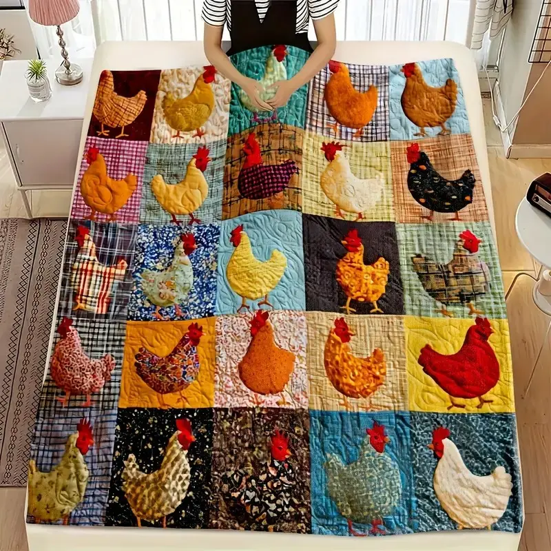 1pc Retro Style Multicolor Chicken Patchwork Quilt - Soft Fabric, Digital Print, 250-300 GSM  Suitable for Sofa, Bed, Office, Car, Camping & Home Decor - All-Season Comfort Nap Blanket or Office Throw Shawl  Cozy Farmhouse Desi