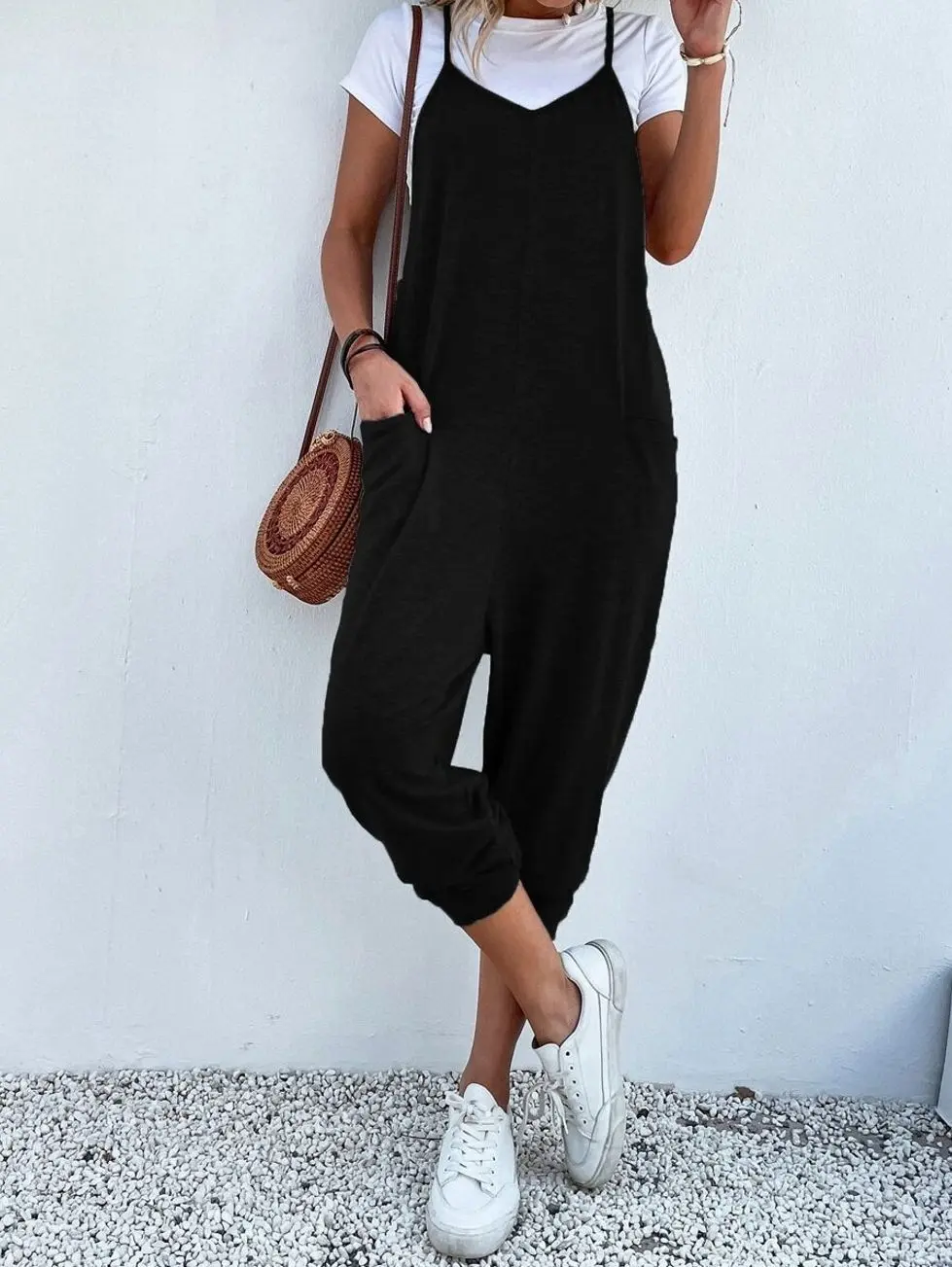 Women's Cami Jumpsuit, Dual Pocket Keyhole Back Sleeveless Romper, Casual Summer Outfit