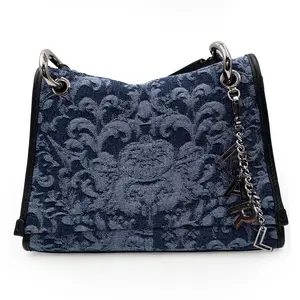 Karl Lagerfeld Luciene Shoulder Bag Chic Denim Jacquard Style with Iconic Logo Charm & Structured Silhouette for Everyday Elegance