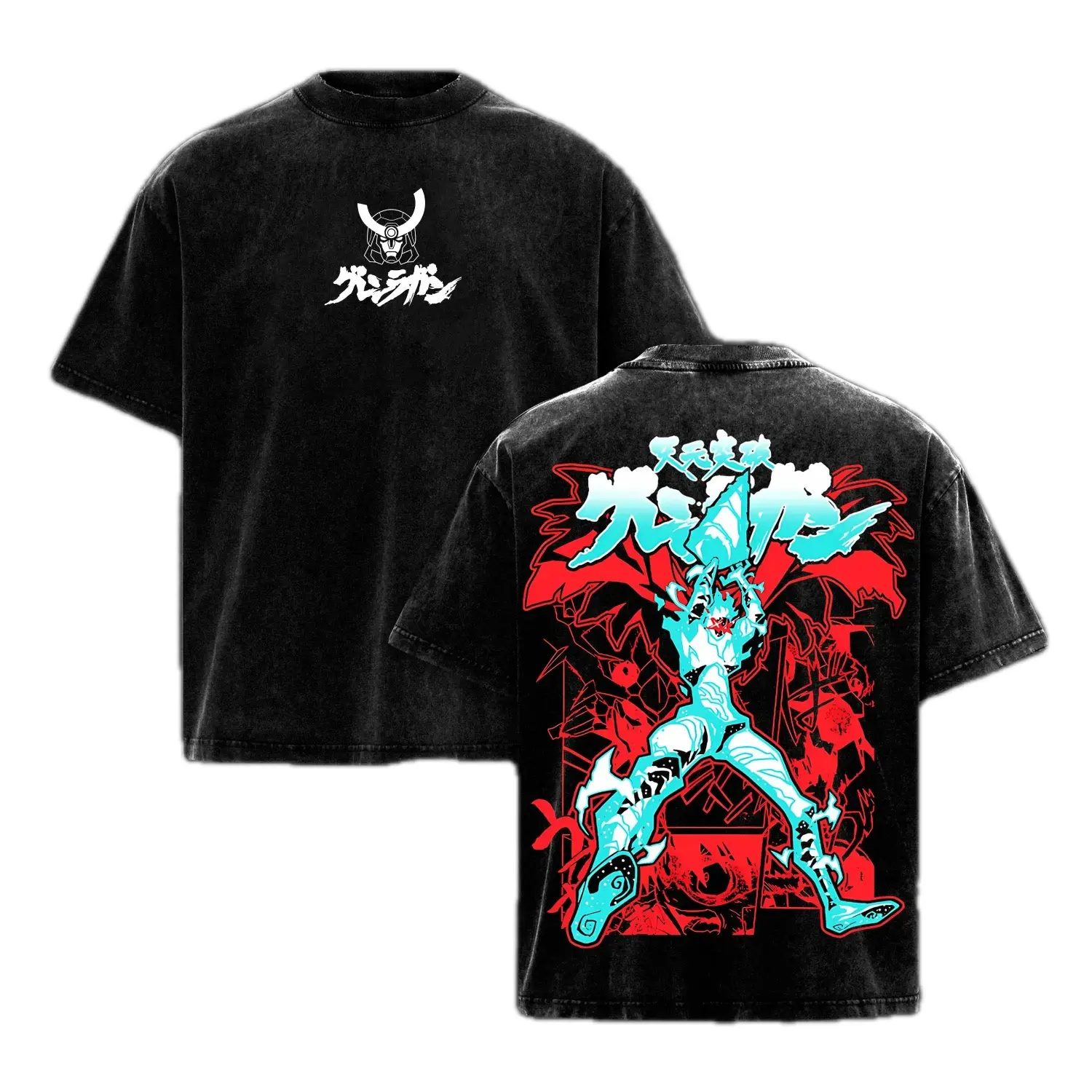 Vintage Gurren Lagann Anime Graphic Oversized T-Shirt for Men Women, Retro Simon Drill Mecha Streetwear Washed Graphic Tee, Tengen Toppa Gurren Lagann Merch Harajuku Aesthetic Apparel