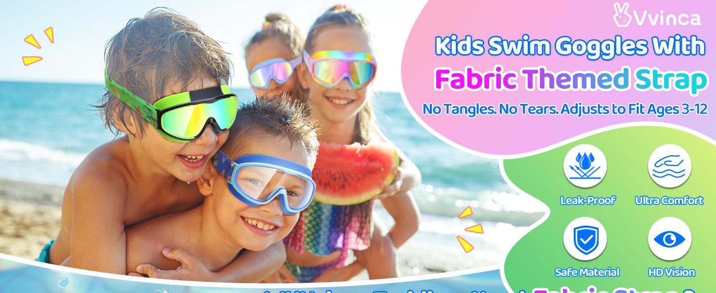 [Spring Shine]Vvinca Kids pool accessories with Comfort Fabric Strap, Kids Swim Goggles Wide View Anti-Fog/UV No Leaking Swimming Goggles for 3-12 swimming goggles Swimminggoggles